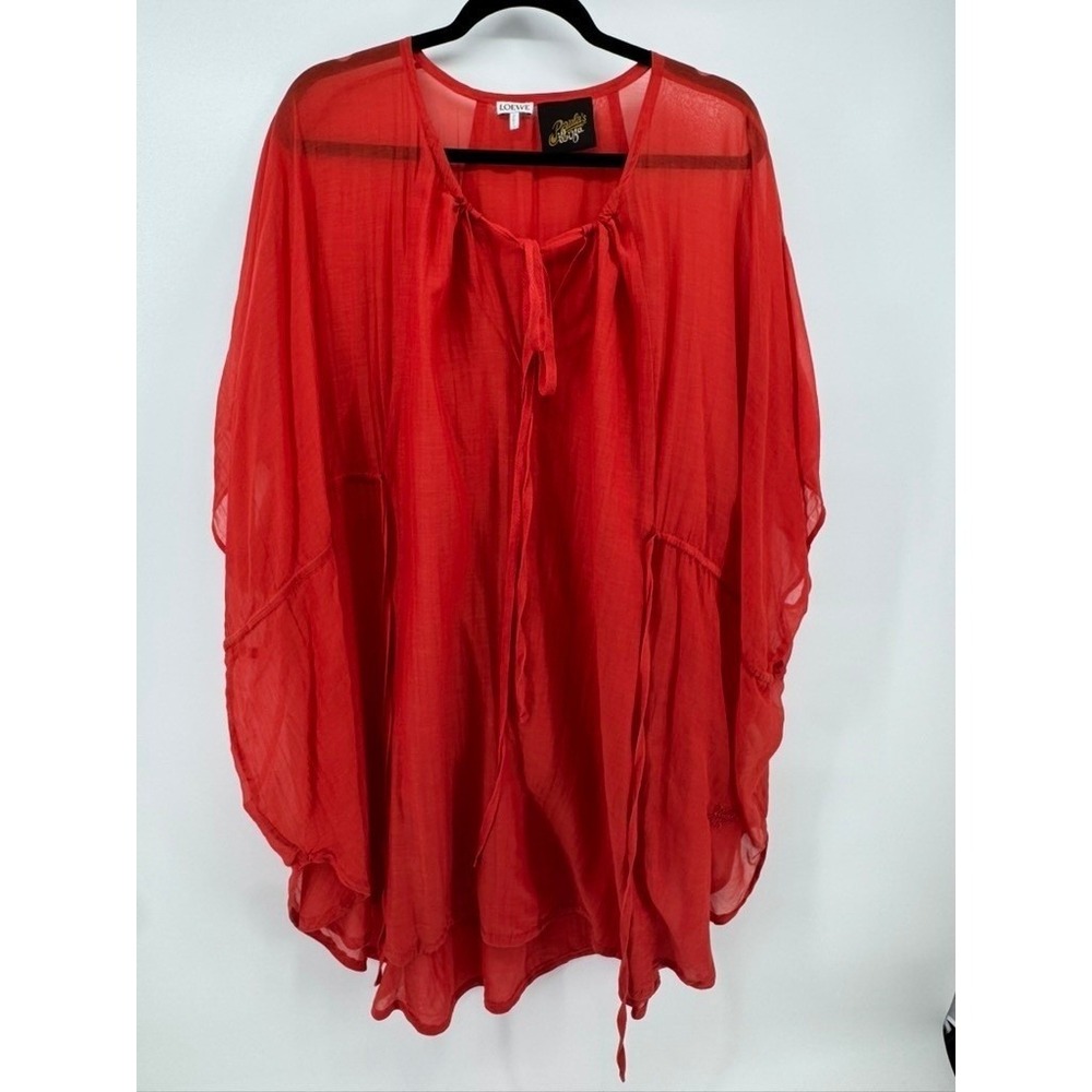 Loewe Paula Ibiza Red Sheer Silk Kaftan Tie Front Cover Up Dress Womens One Size - Picture 11 of 12